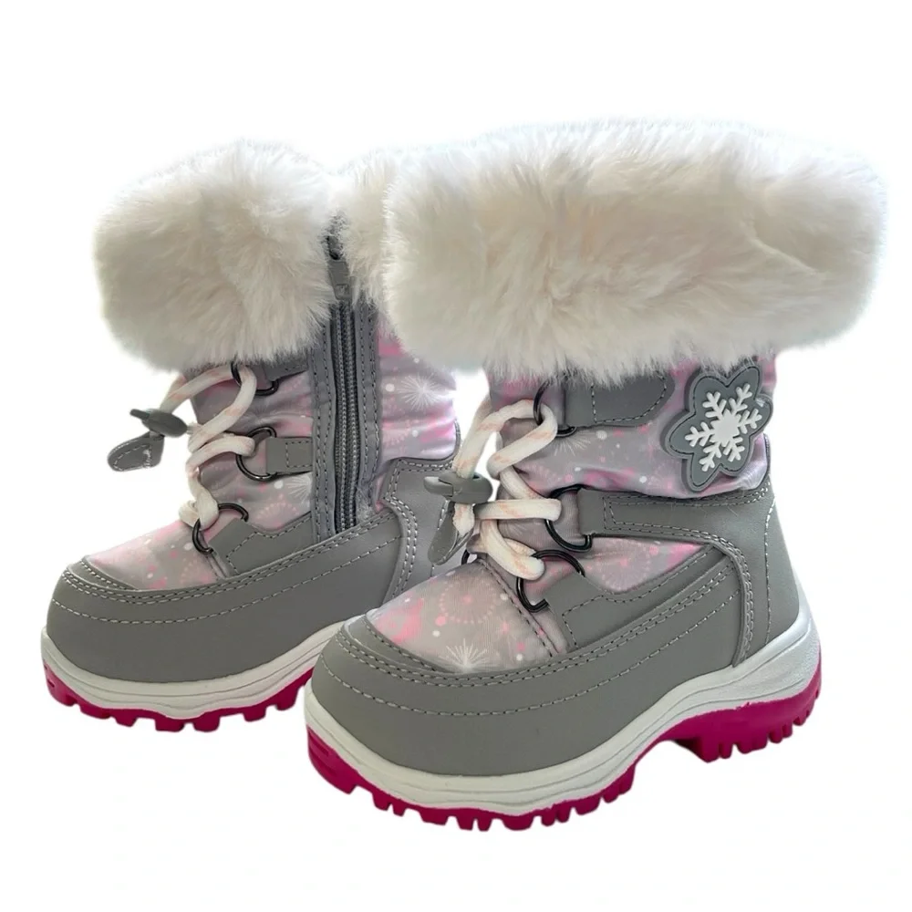 Dream Paris Girls Toddler Pink and Gray Snow Boots with Faux Fur Trim Size 4T